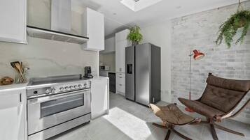 A modern kitchen with stainless steel appliances, a hanging plant, and a unique brown leather chair.