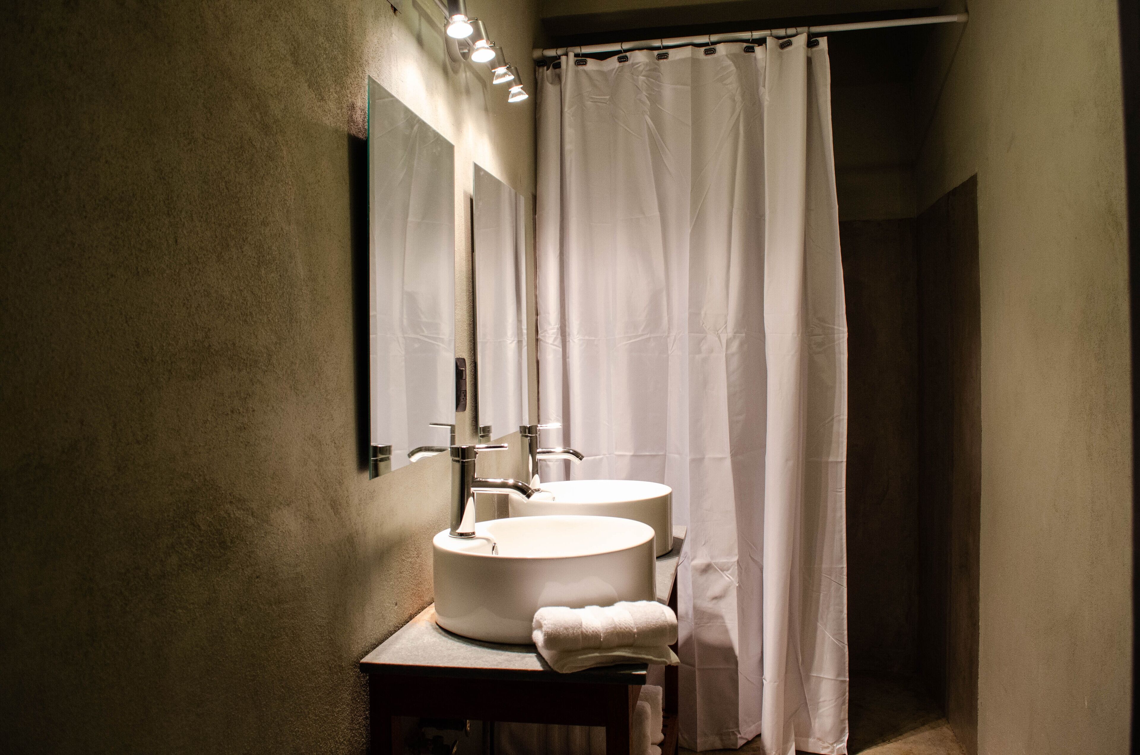 A bathroom with two sinks, a mirror, and a shower curtain.