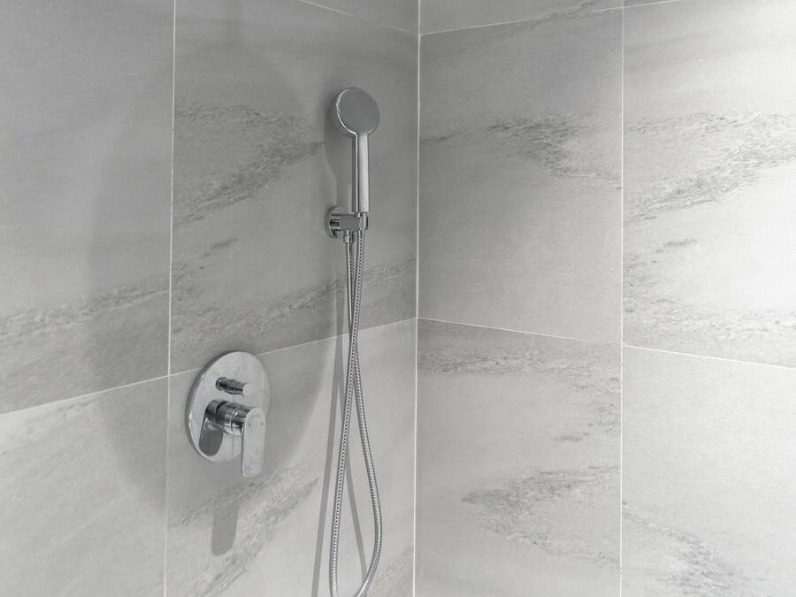 A modern shower with a handheld showerhead and a wall-mounted control.
