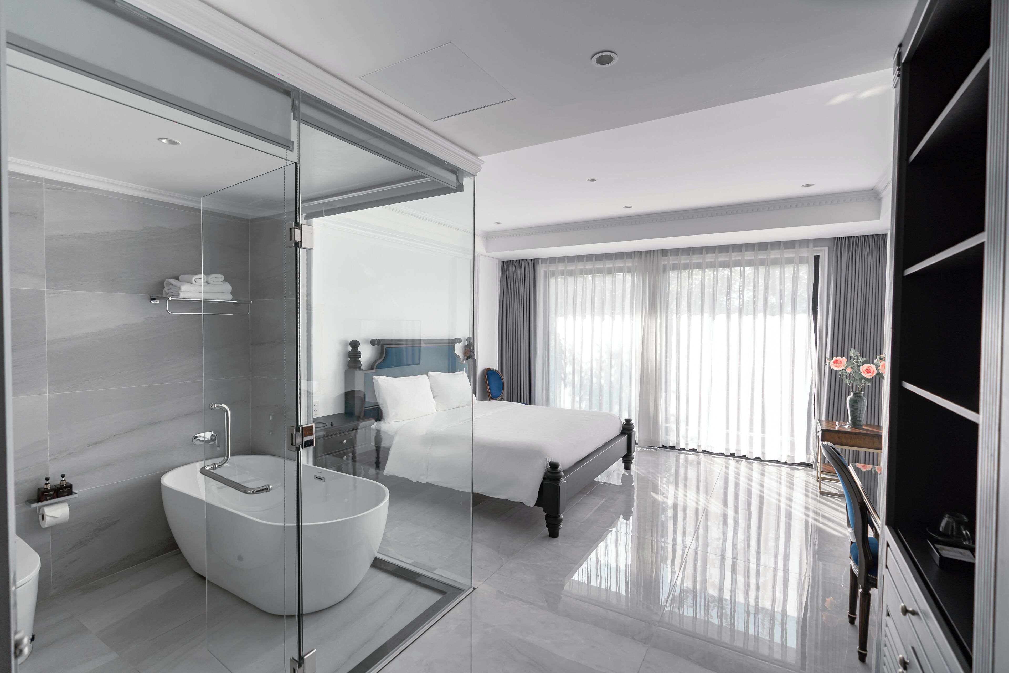 Premium bedding, desk, blackout curtains, soundproofing