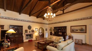 Un salon spacieux avec une cheminée, des meubles en bois, un lustre et un grand tableau accroché au mur.