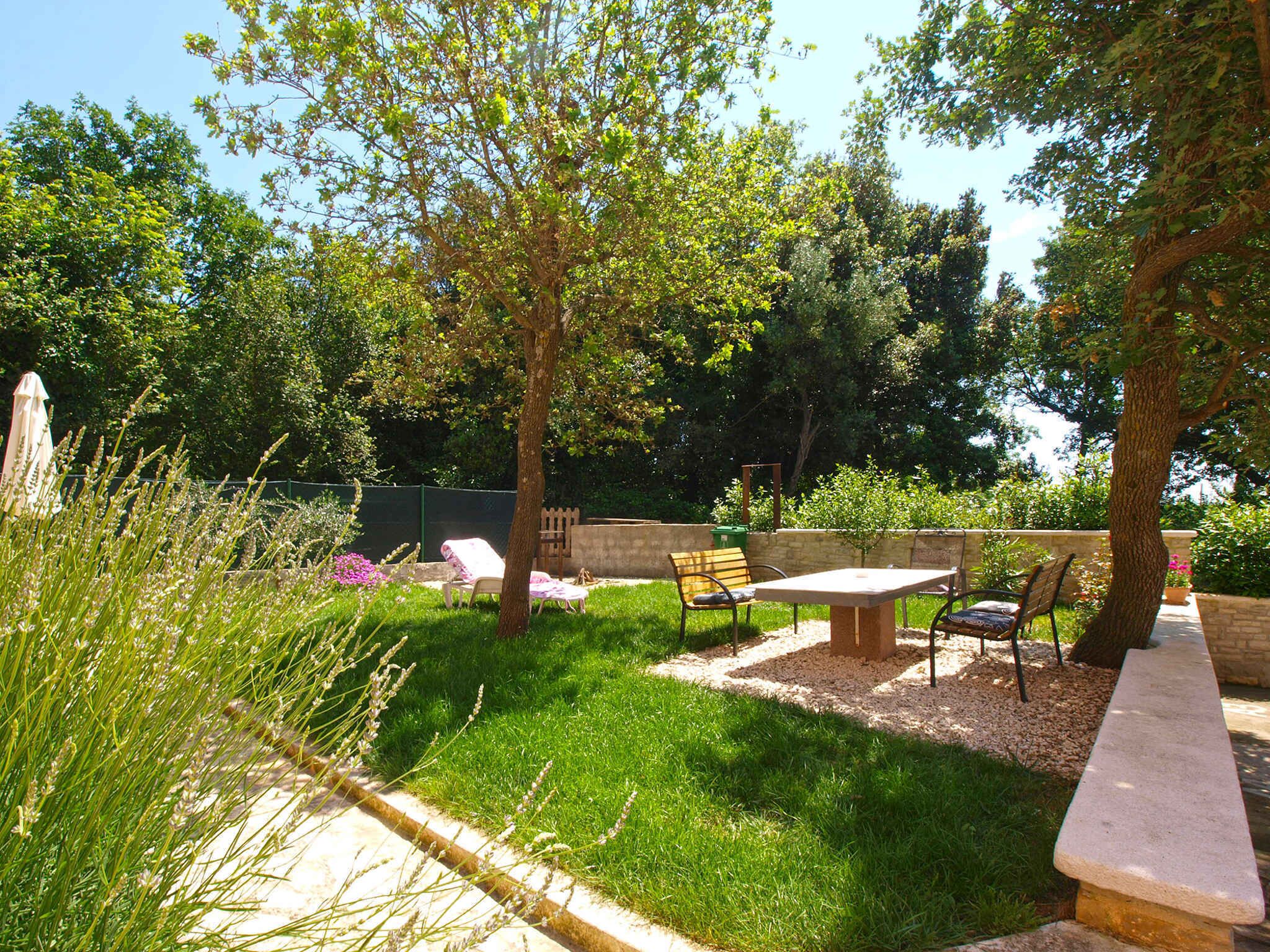Un patio jardín con mesa y sillas, rodeado de árboles y un seto.