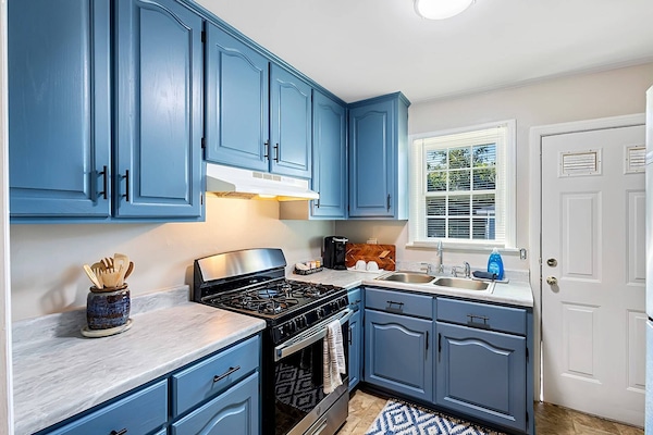 Spacious Kitchen with blue doors