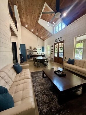 Televisión, chimenea, libros y oficina 