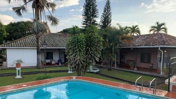 Ein Swimmingpool mit Fliesen umgeben von Rasen und Palmen.