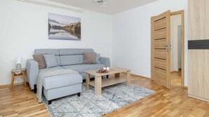 A modern living room with a grey sofa, a wooden coffee table, and a patterned rug.