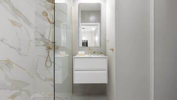 Shower, hair dryer, shampoo