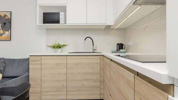 Fridge, microwave, stovetop, electric kettle