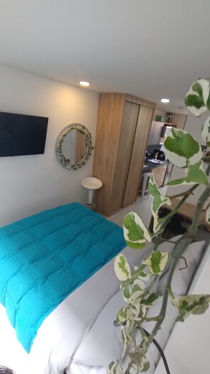 1 Schlafzimmer, hochwertige Bettwaren, Daunenbettdecken, Schreibtisch