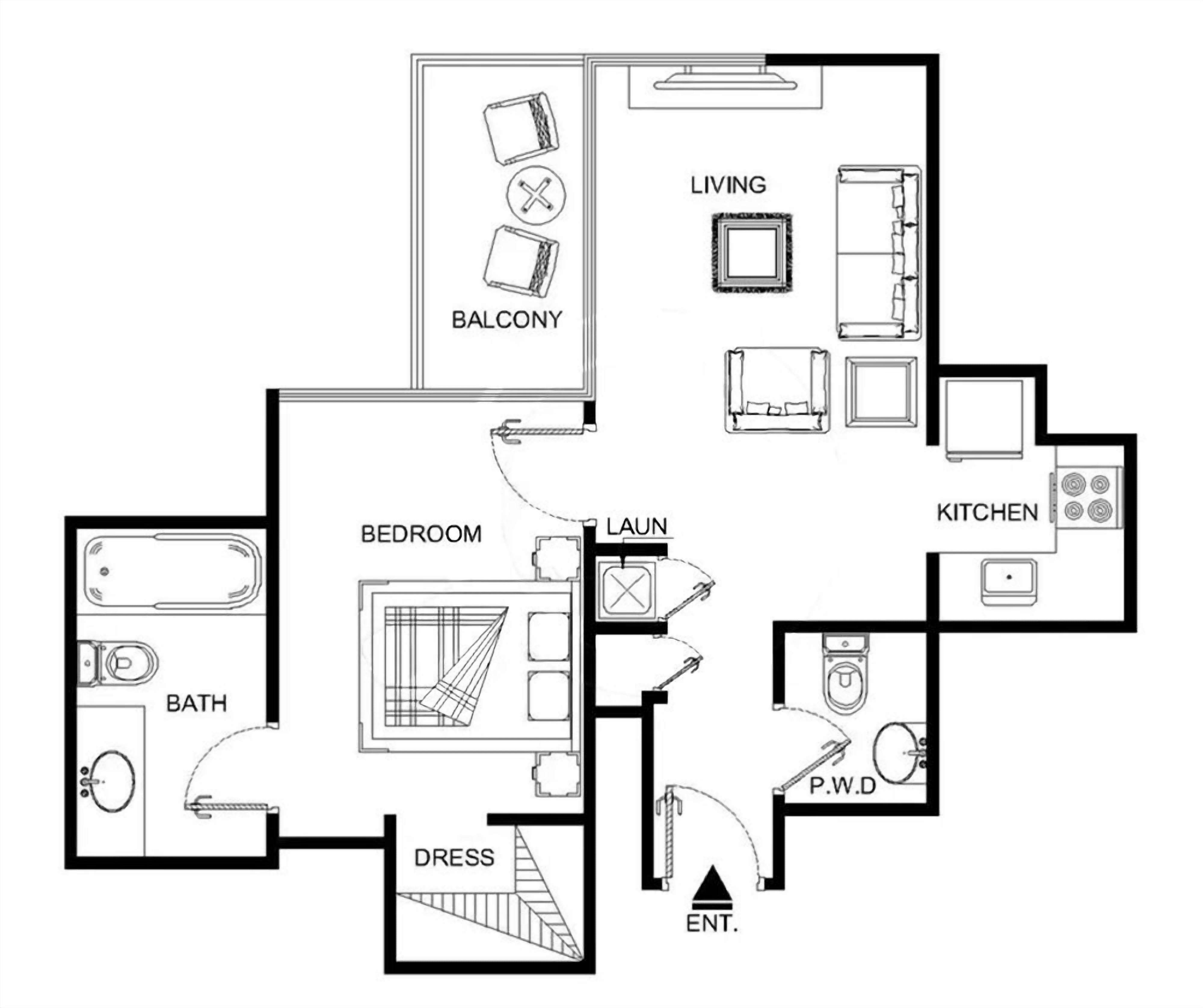 A floor plan of a hotel with a bedroom, balcony, living area, kitchen, bathroom, and laundry facilities.