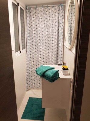 Bathroom features a vanity with mirror, sink, and shower area.