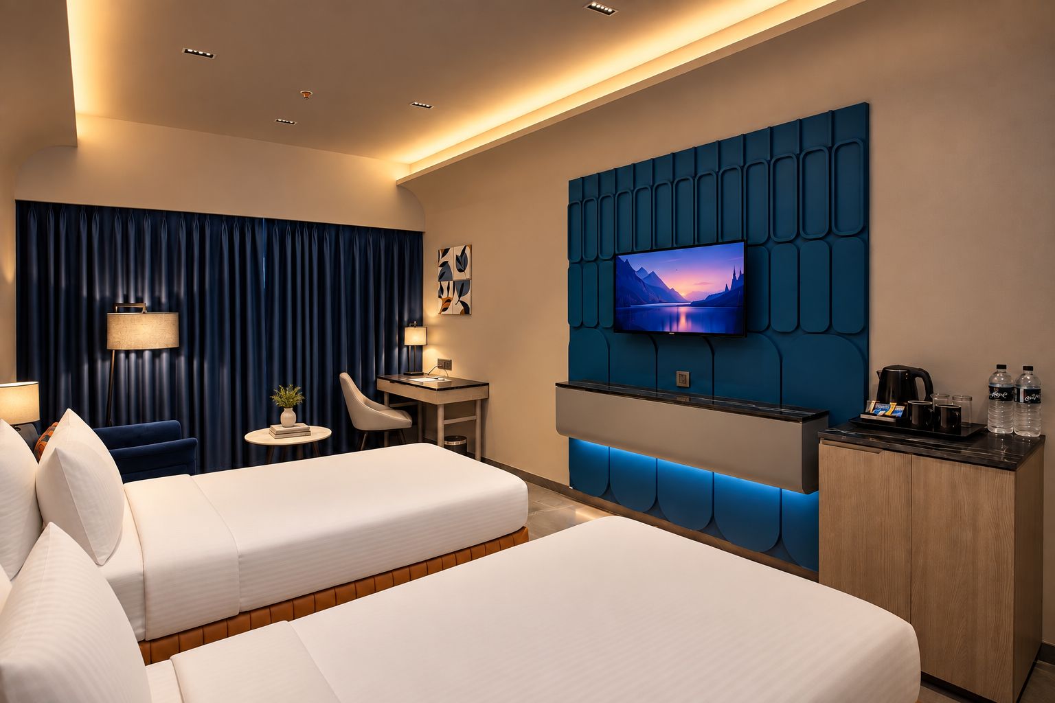 A hotel room with two beds, a desk, a TV, and a minibar.