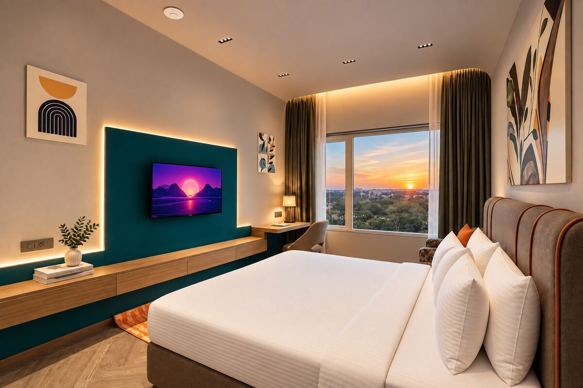 In-room safe, desk, laptop workspace, blackout curtains