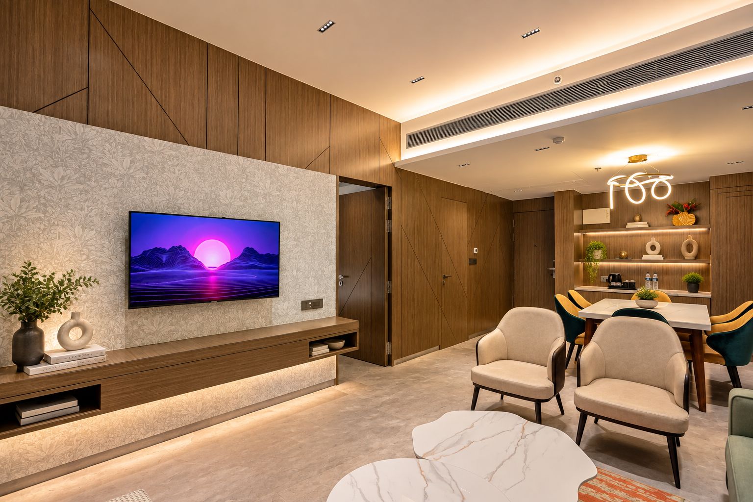 Una sala moderna con televisor de pantalla plana montado en una pared con textura, una zona de comedor con mesa y sillas, y una cocina integrada con estantes que exhiben objetos decorativos.