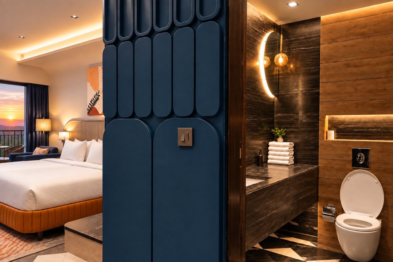 A modern hotel room with a large bed, a sitting area with a view of the sunset, a bathroom with a mirror and a toilet.
