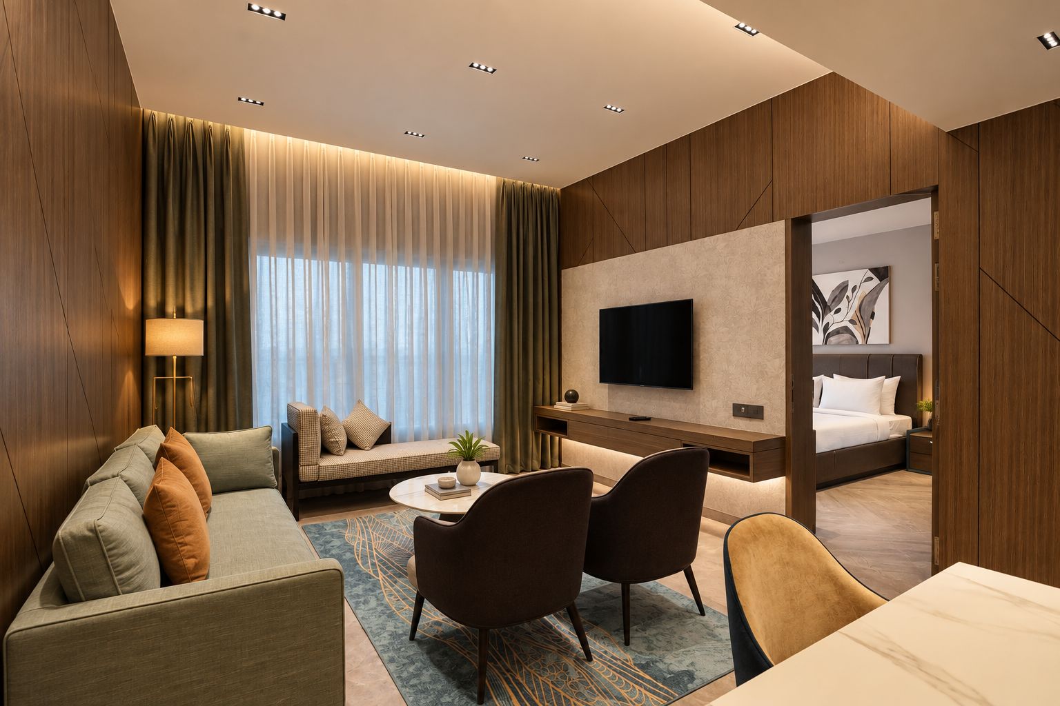 Quarto de hotel com sofá, cadeiras, escrivaninha, televisão e cama.