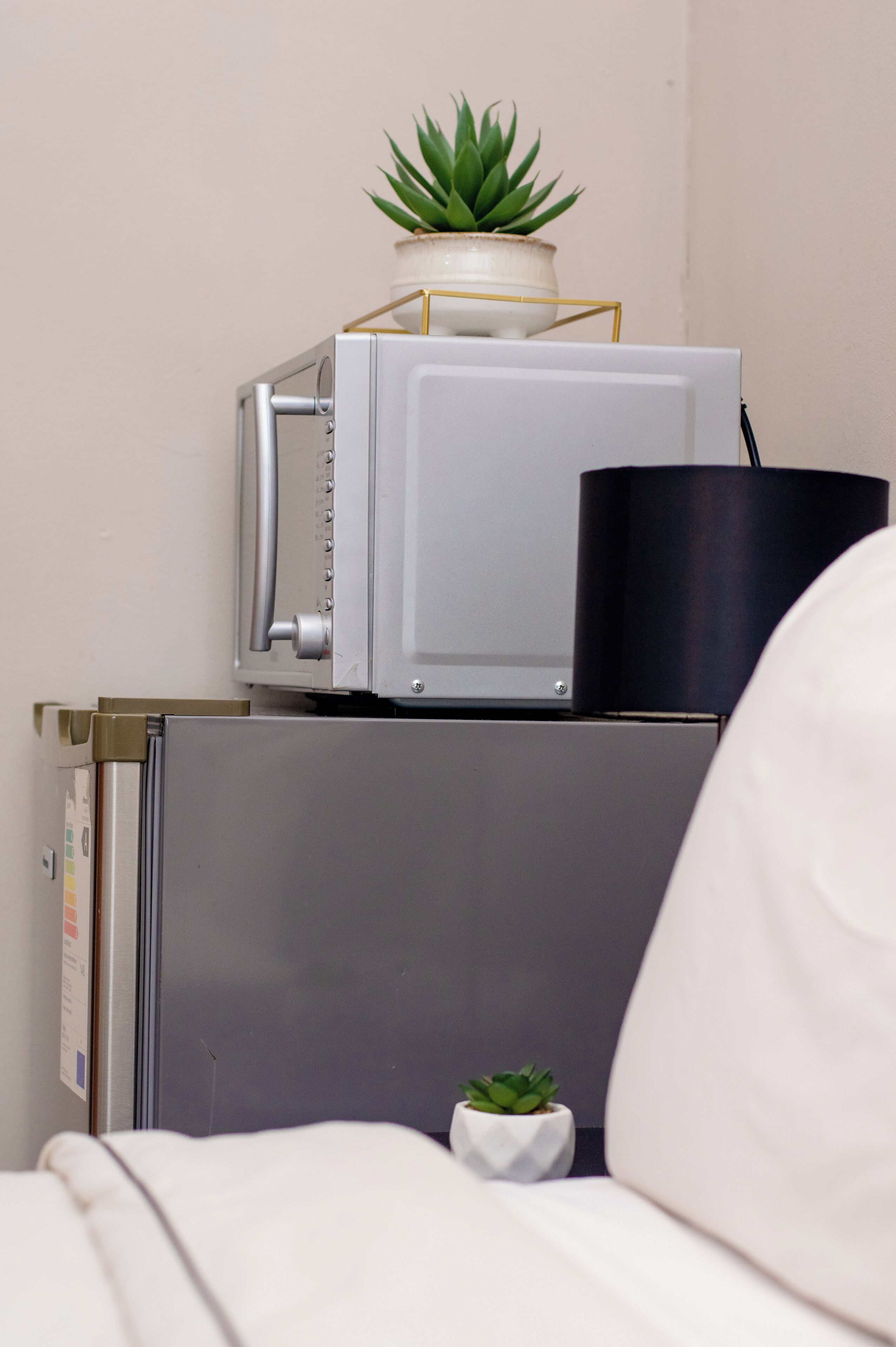 Een compacte kitchenette met een magnetron en een kleine koelkast. Er staat een potplant op de magnetron en nog een op de vloer.