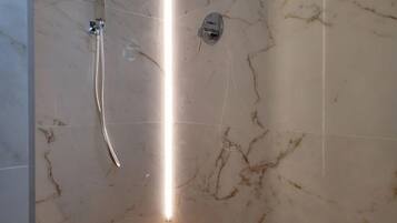 Shower, hair dryer, bidet, towels