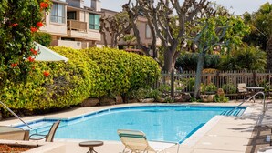 A swimming pool with lounge chairs and a table, surrounded by greenery and a wooden fence.