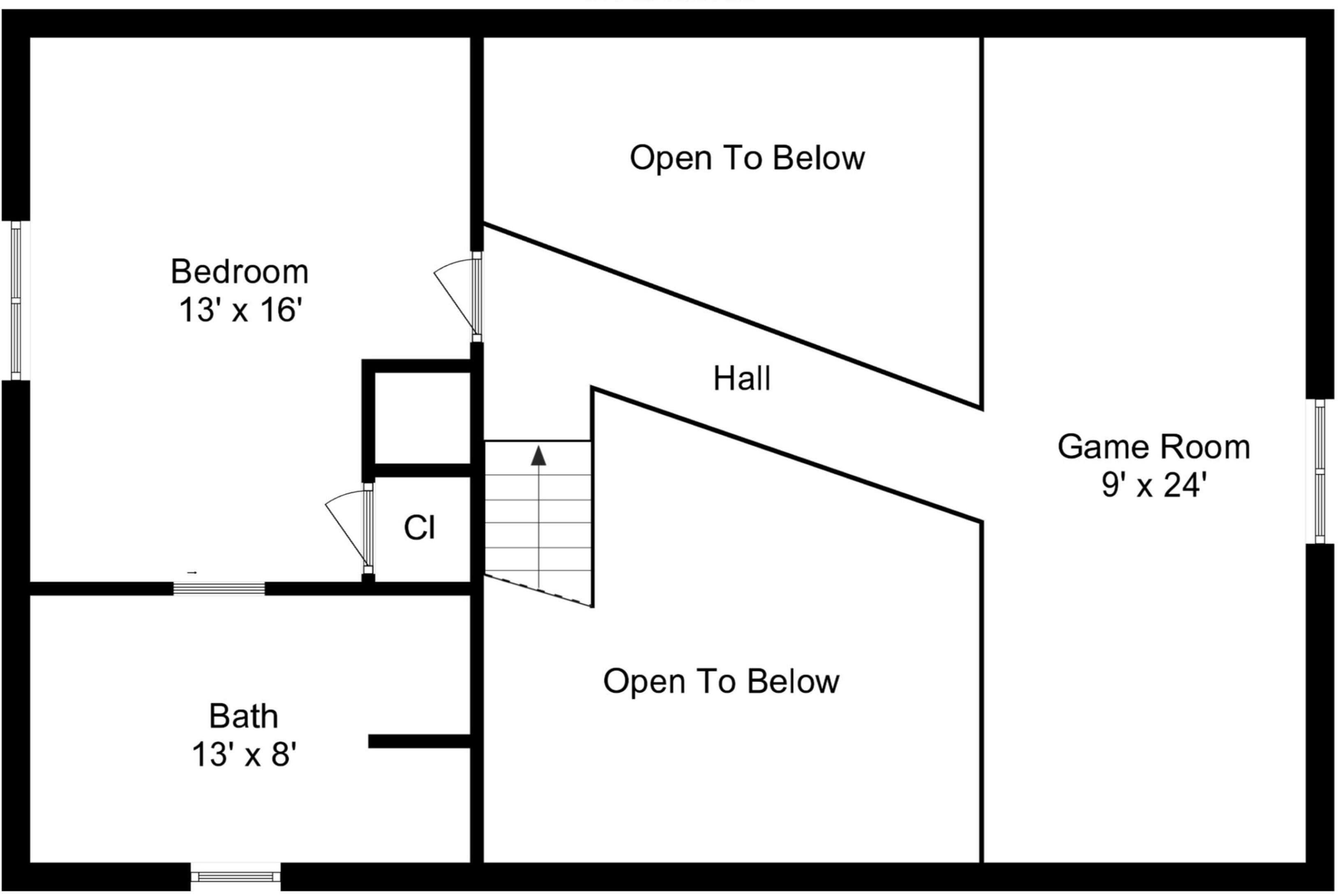Ein Grundriss mit einem Schlafzimmer (13 x 16 Fuß), einem Badezimmer (13 x 8 Fuß), einem Spielzimmer (9 x 24 Fuß) und einer Diele.