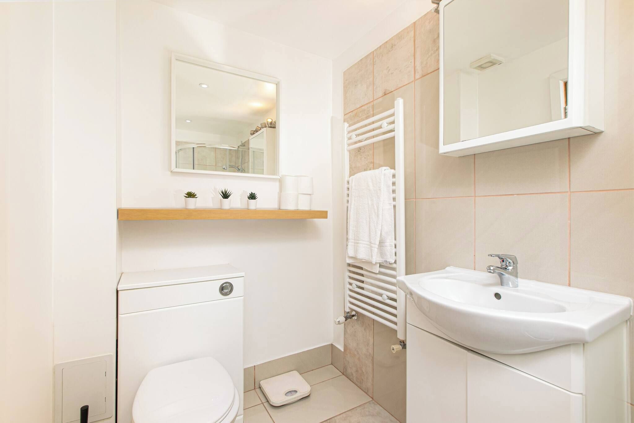 Ein kleines Badezimmer mit Toilette, Waschbecken, Spiegel, Handtuchhalter und einem kleinen Ablagebrett mit Pflanzen.
