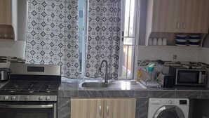 Una cocina moderna con estufa a gas, horno, pileta y lavadora integrada.