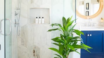 Shower, hair dryer, towels, shampoo