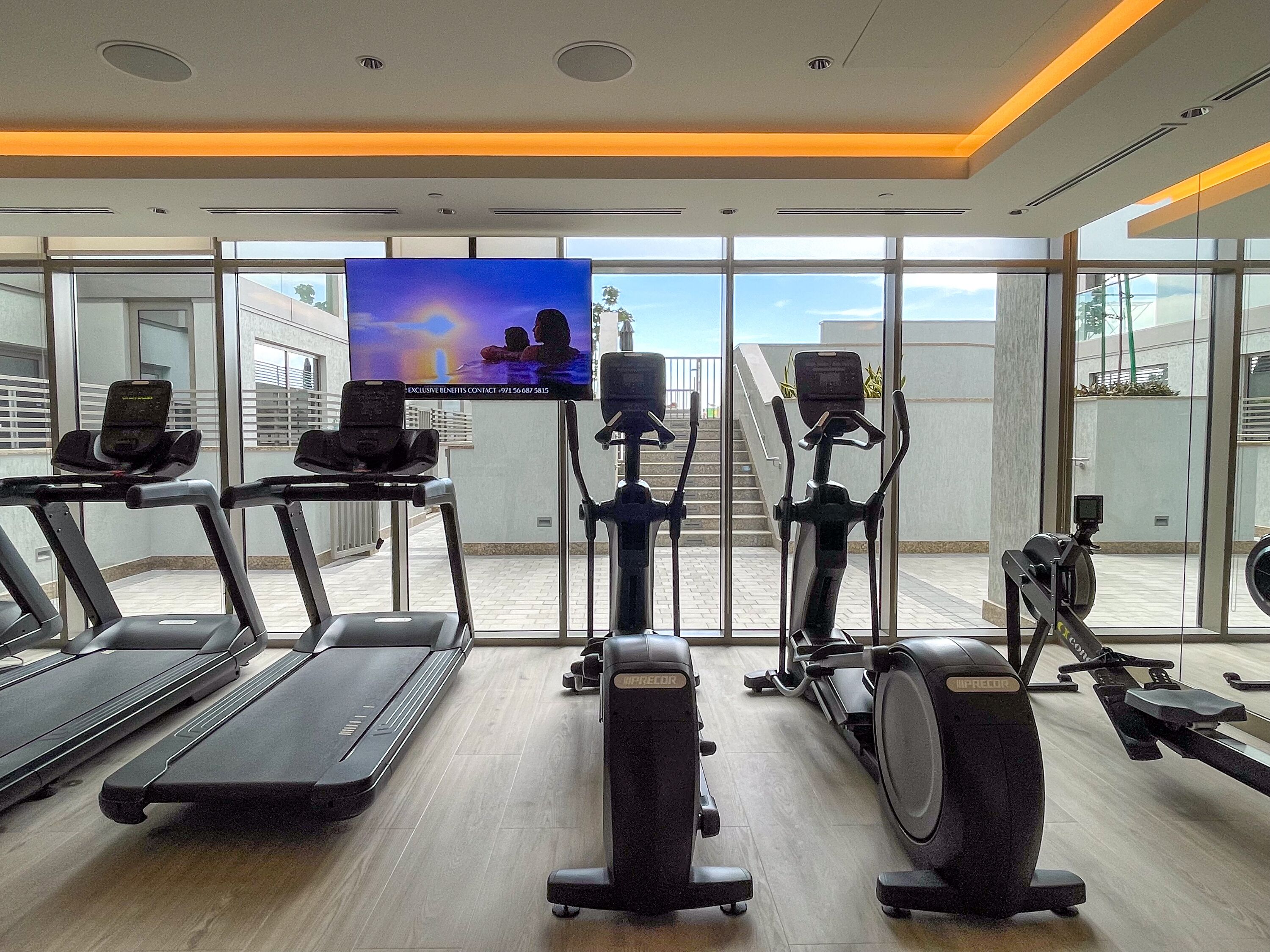 Un gimnasio con cintas de correr, elípticas y una pantalla de televisión.