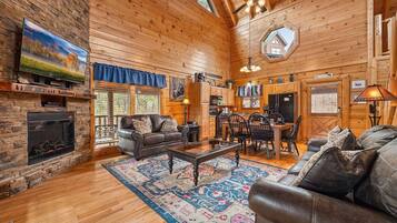 Cabin, Multiple Beds, Fireplace, Mountain View | Living area | 50-inch flat-screen TV with digital channels, fireplace