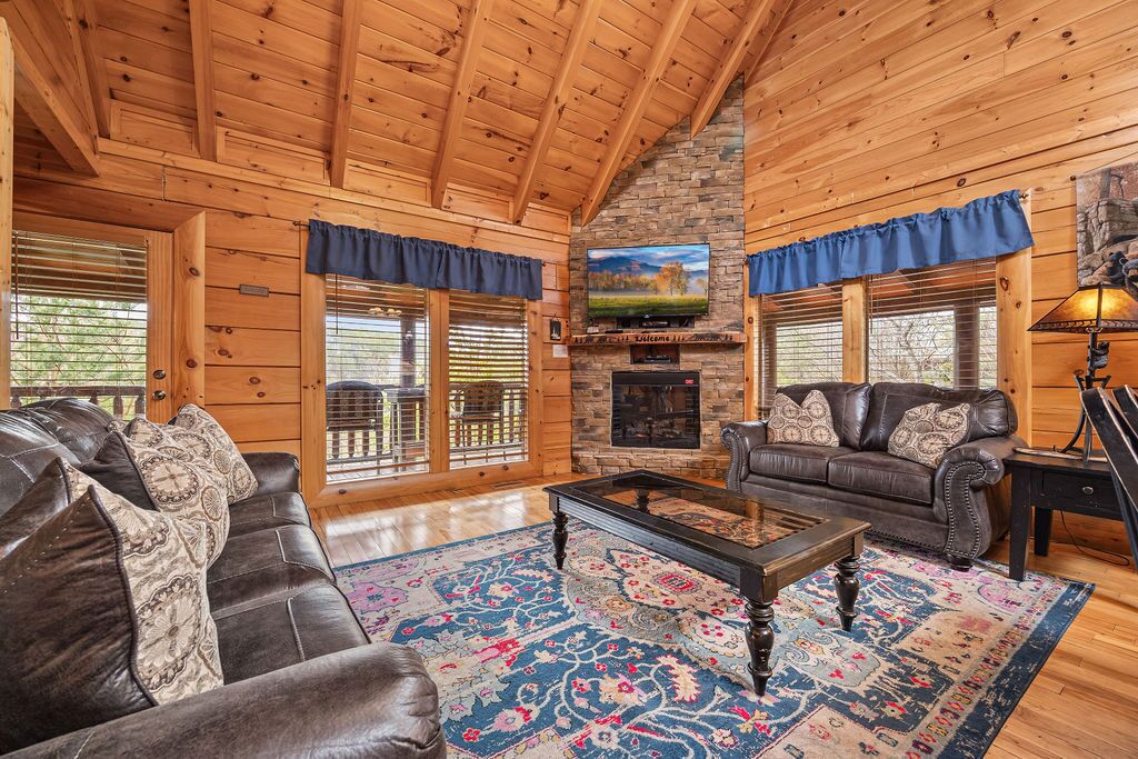 Cabin, Multiple Beds, Fireplace, Mountain View | Living area | 50-inch flat-screen TV with digital channels, fireplace