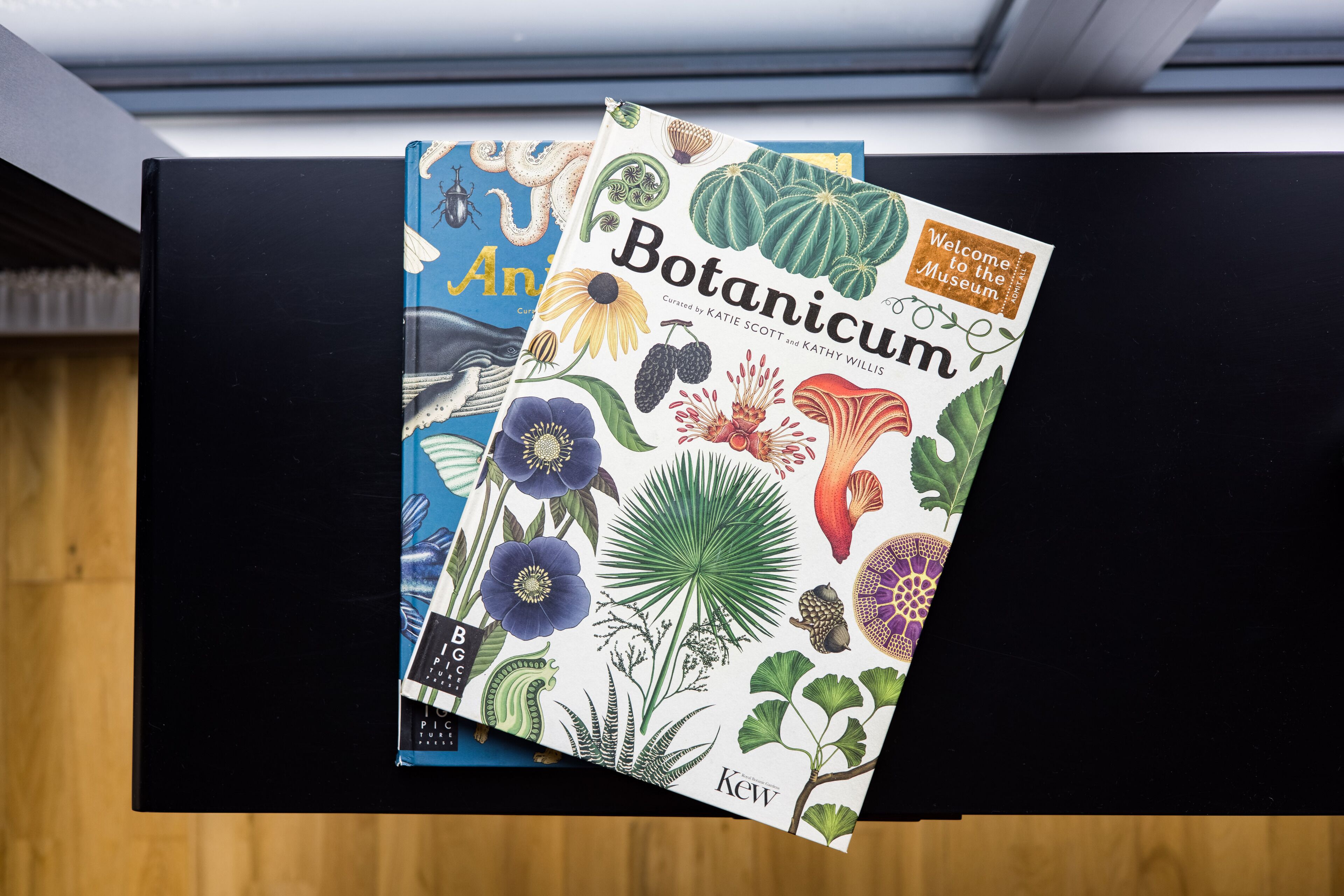 A stack of books titled 'Botanicum' with a 'Welcome to the Museum' sticker.