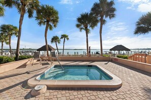 A swimming pool area with a hot tub, palm trees, and a view of the water.