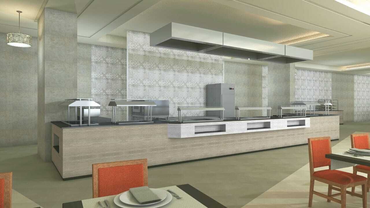 Une cuisine moderne dotée d’un îlot central, d’appareils électroménagers intégrés et d’un design épuré et minimaliste.