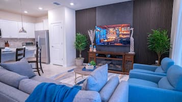 TV, fireplace, video games, offices