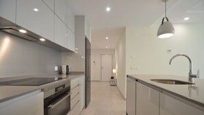 Une cuisine moderne dotée d’appareils électroménagers en acier inoxydable, d’un four encastré, d’un évier et d’un luminaire suspendu.