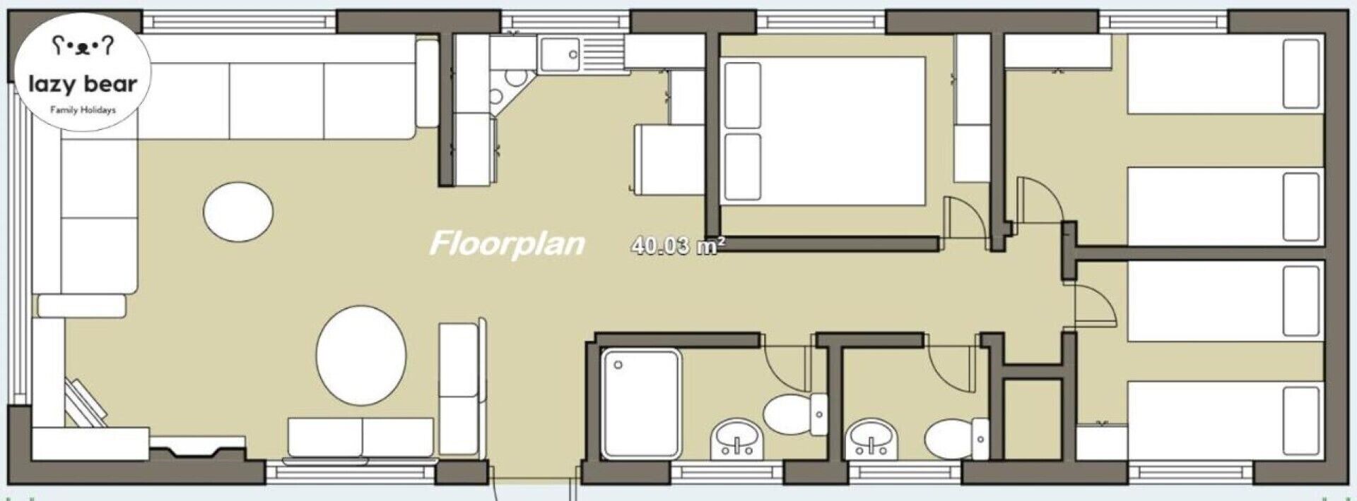Ein Grundriss eines Hotelzimmers mit Bett, Schreibtisch, Stuhl, einem kleinen Tisch und einem Badezimmer.