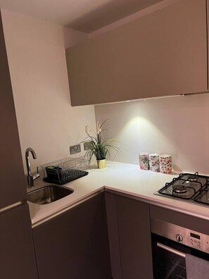 Apartamento | Cozinha privada | Geladeira, micro-ondas, fogão, cooktop