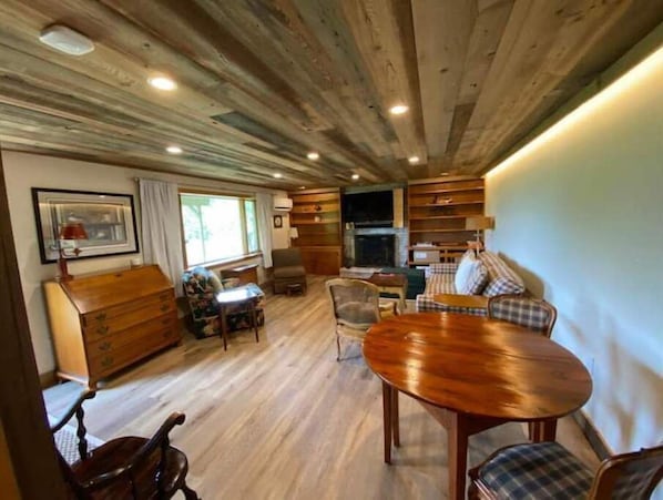 Smart TV, fireplace, books, stereo