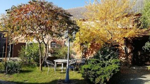 A courtyard with a stone pathway, a metal table and chairs, and a variety of trees with autumn foliage.