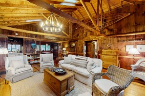 TV, fireplace, books