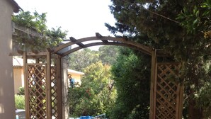 Un chemin de gravier mène à un espace piscine agrémenté d’une pergola en bois et de panneaux en treillis.
