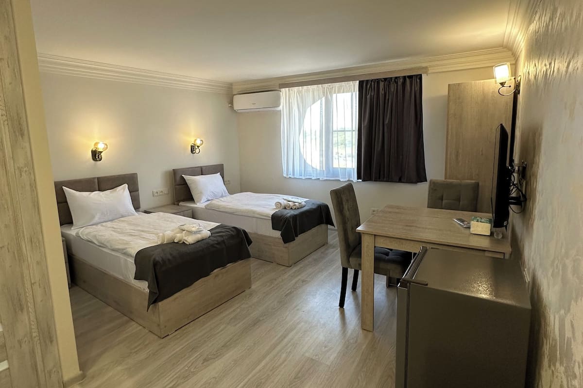 Estudio, 2 camas individuales, vista a la ciudad | Sábanas de algodón egipcio y ropa de cama de alta calidad