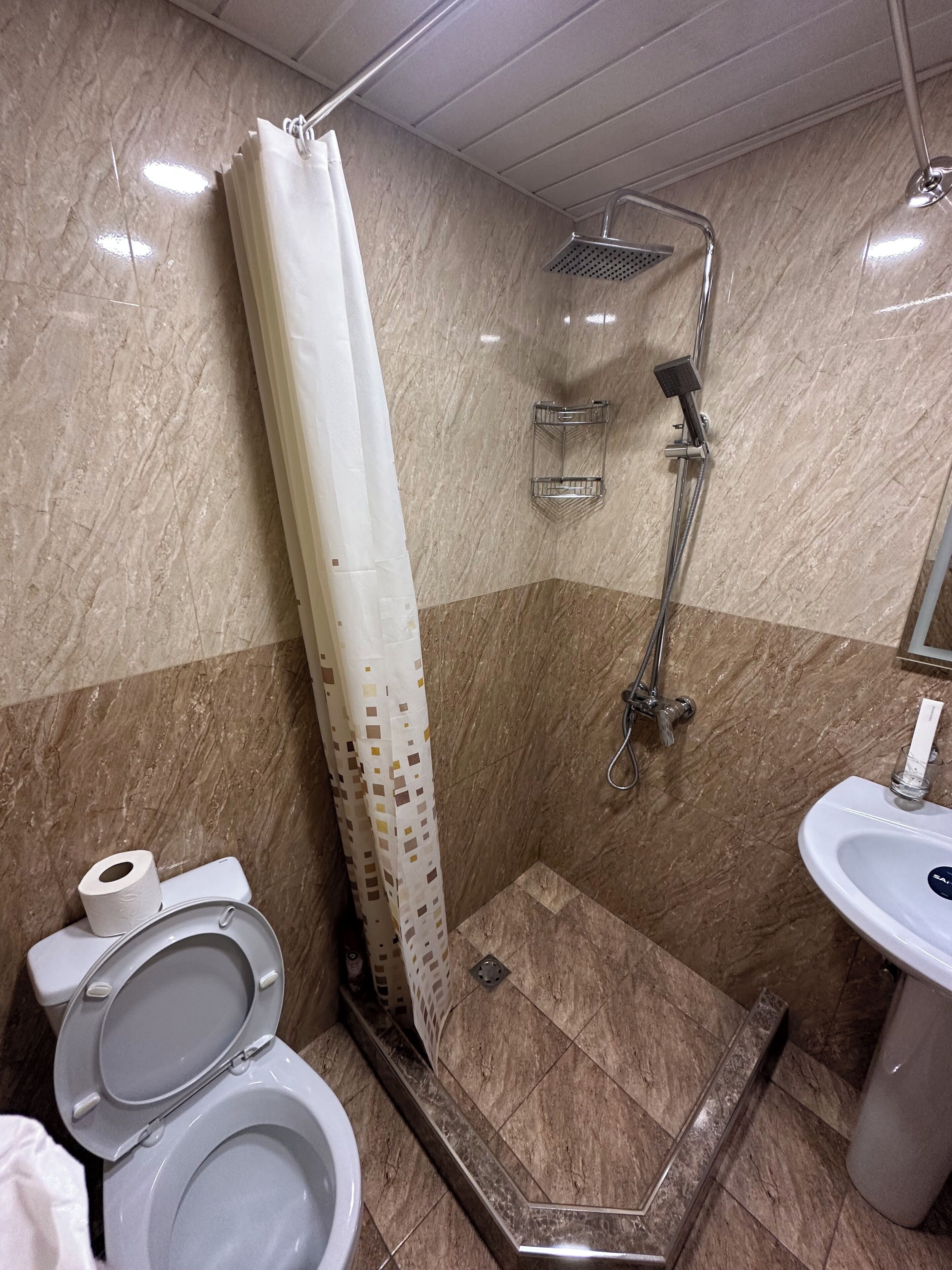 A bathroom with a shower, toilet, and sink.