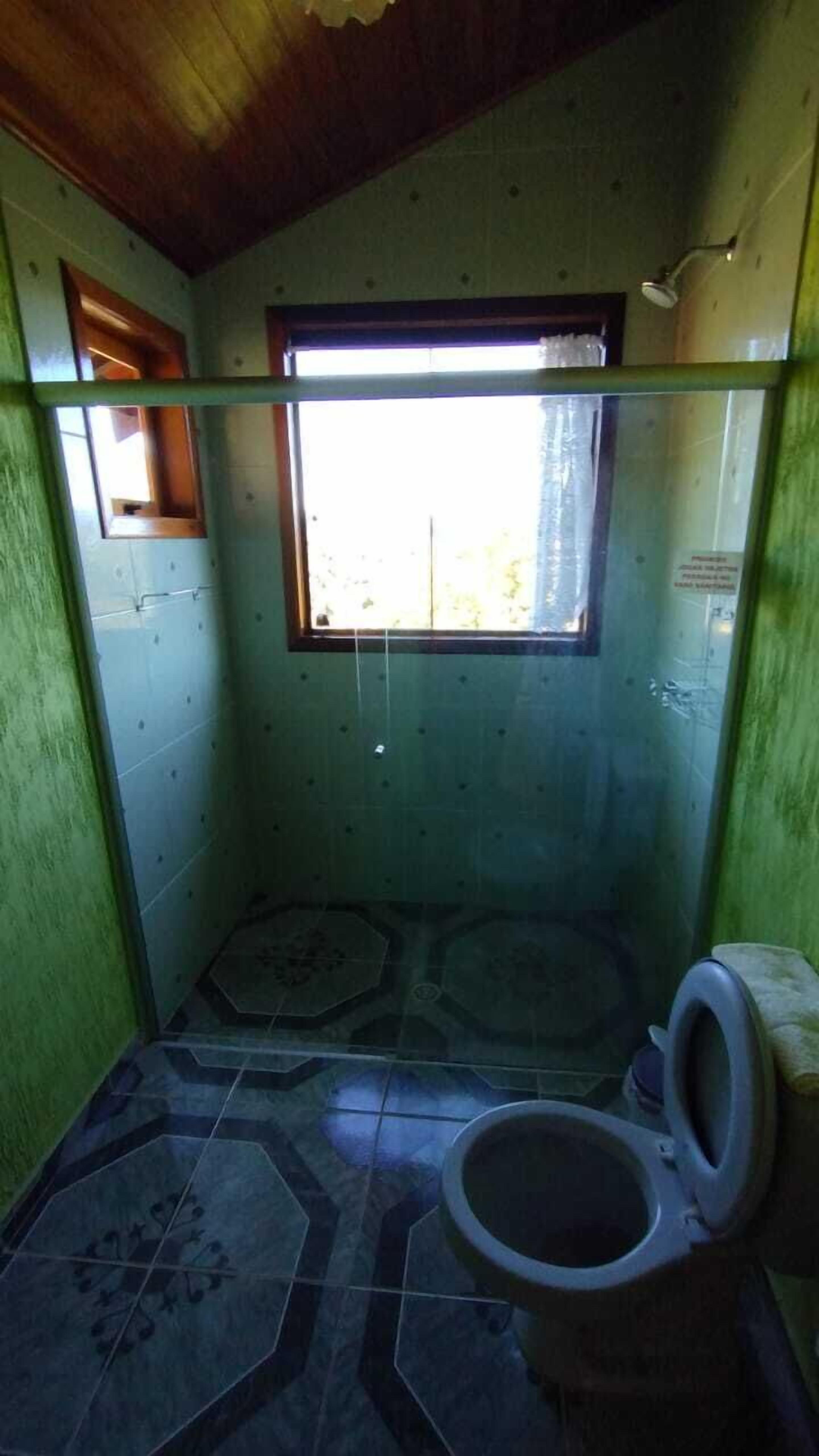 A small, dimly lit bathroom with a toilet, a window, and a shower area.