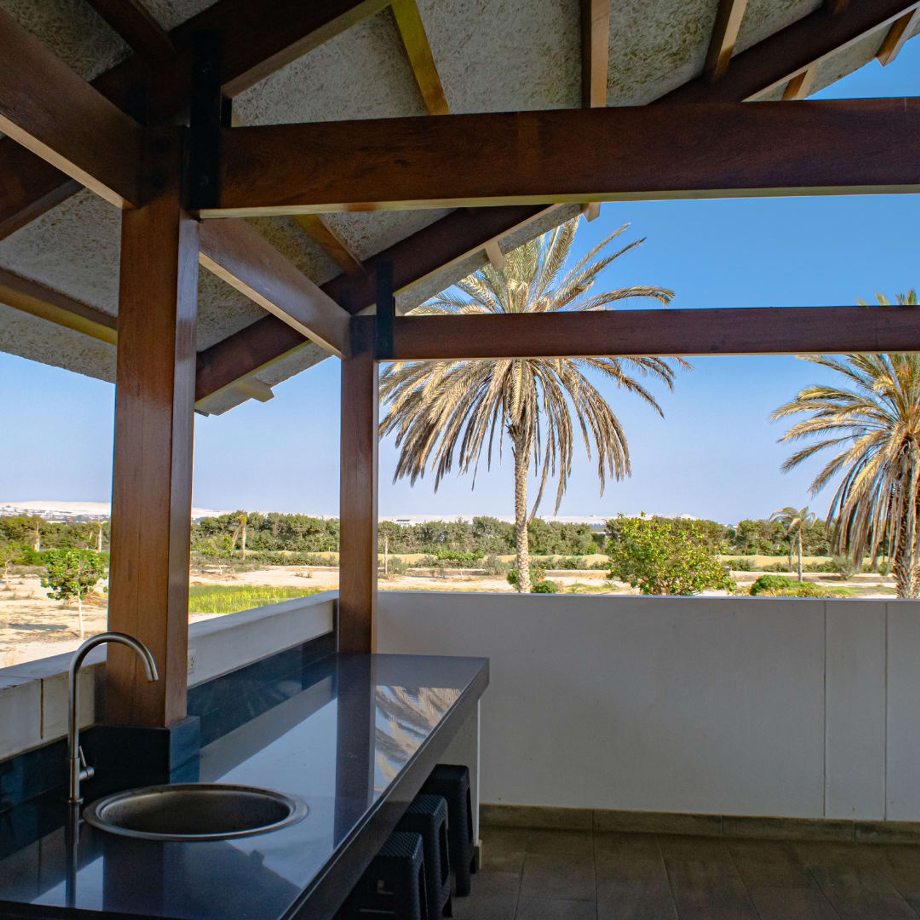 A modern kitchen with a large sink and a view of palm trees and fields.