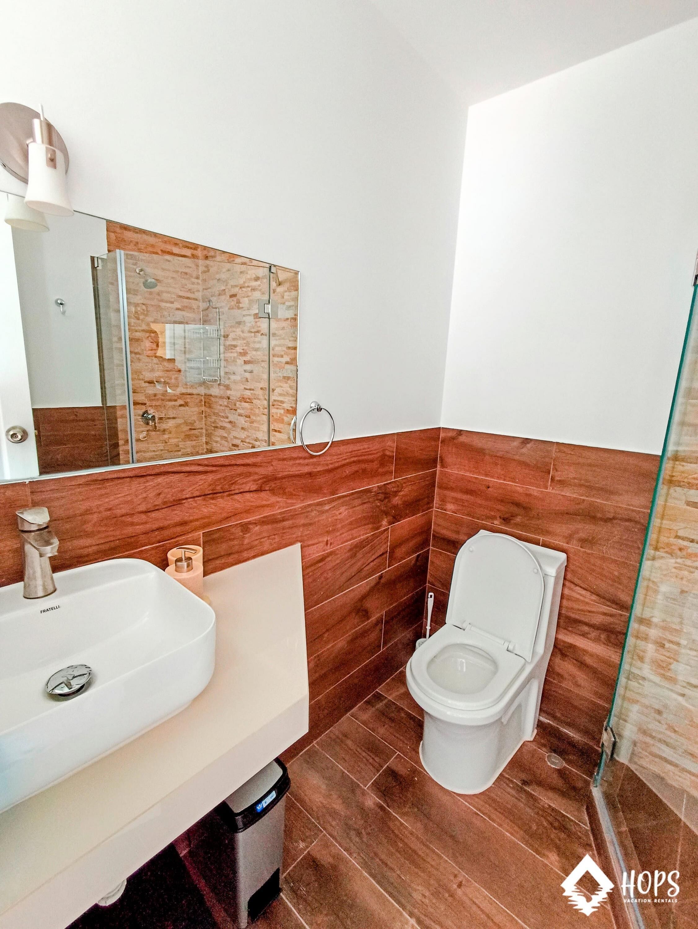A modern bathroom with a white sink, a toilet, and a glass shower enclosure.