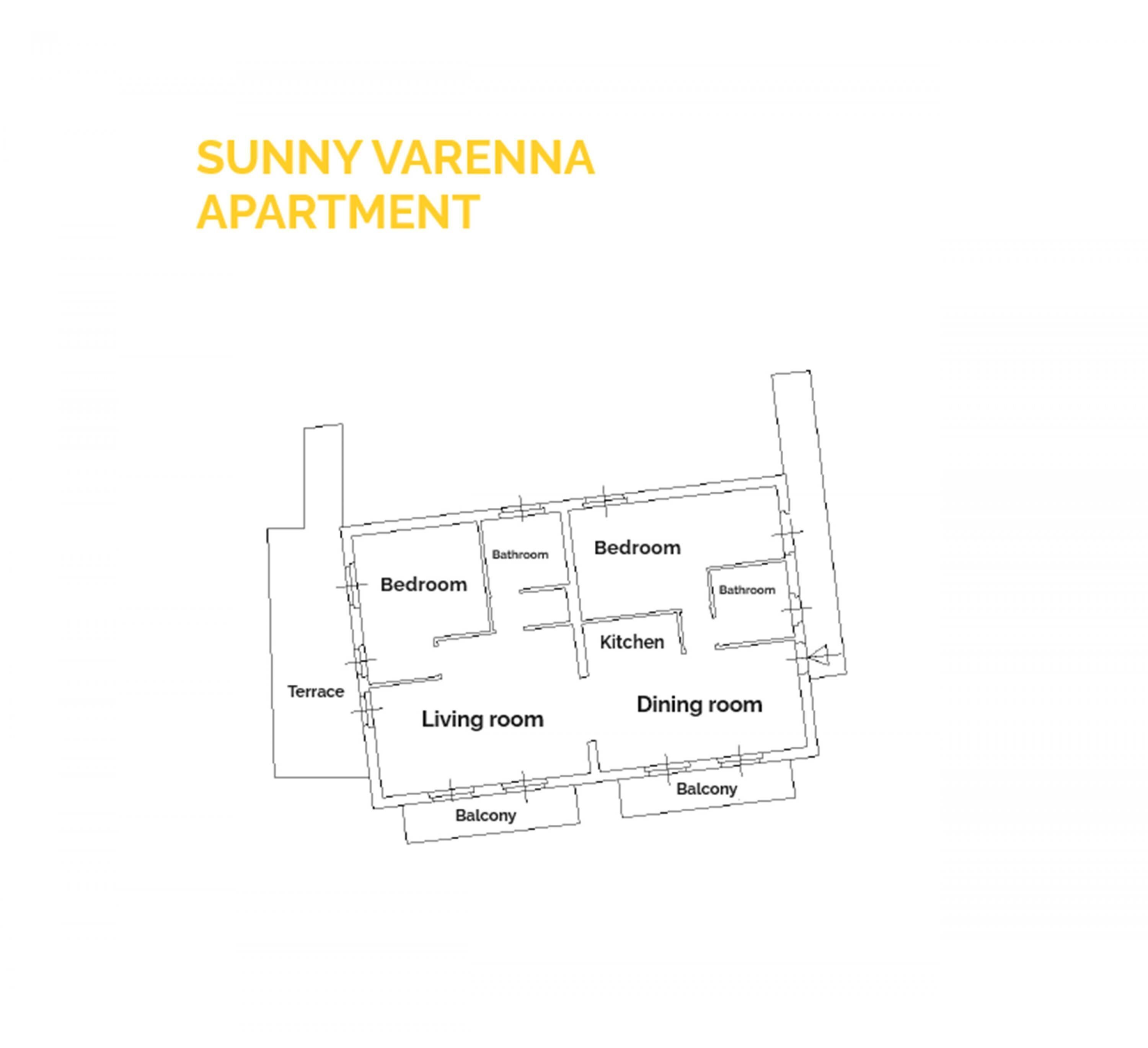 A floor plan of the SUNNY VARENNA APARTMENT with labeled rooms including a living room, dining room, kitchen, two bedrooms, two bathrooms, a terrace, and a balcony.