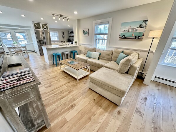 Smart TV, fireplace, books