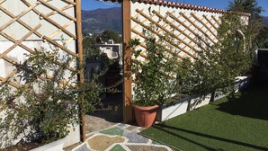 Un jardín con un pérgola de madera, plantas en macetas y un camino empedrado.