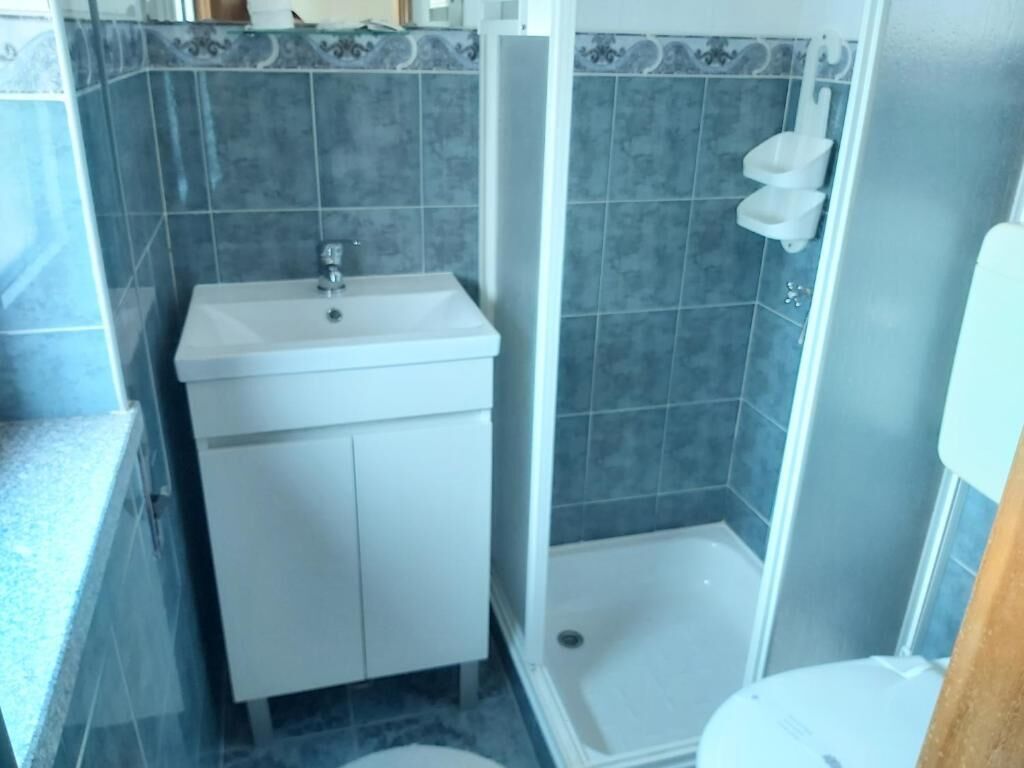 A bathroom with a white sink, a shower, and a toilet.